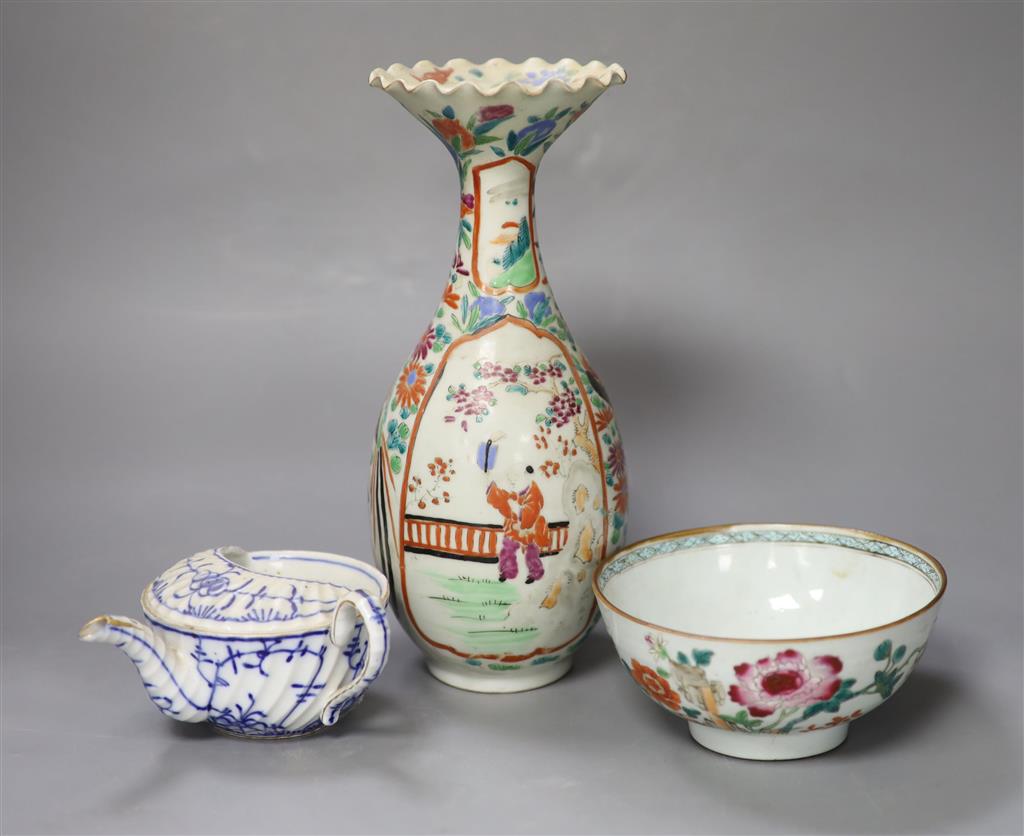 An 18th century Chinese famille rose bowl, a Japanese porcelain vase and and invalid cup, tallest 27.5cm